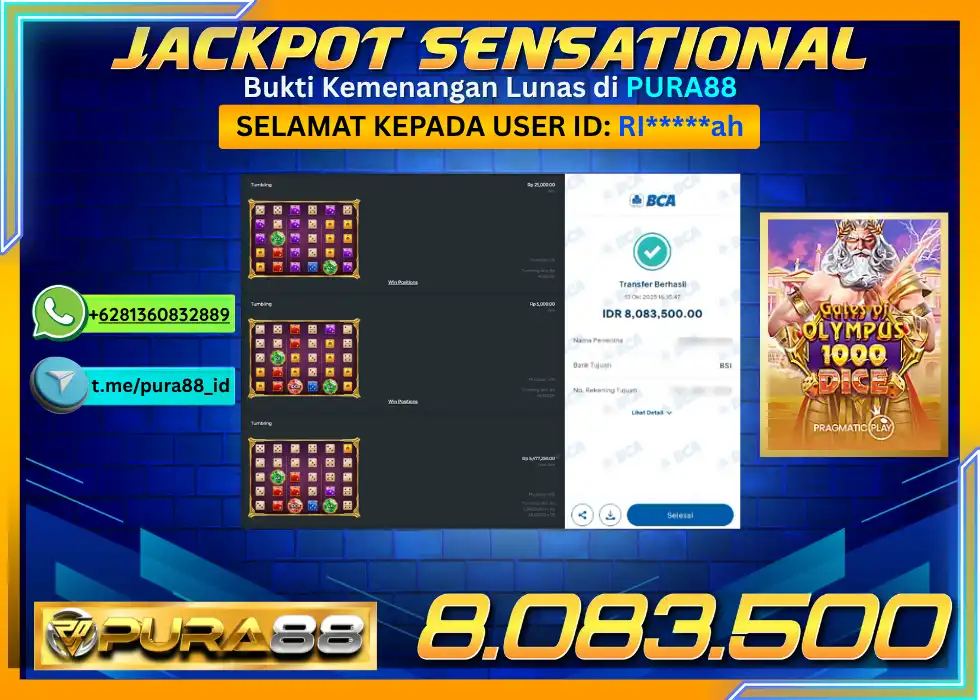 PURA88 JACKPOT SENSATIONAL GATES OF OLYMPUS 1000 DICE Rp 8.083.500,- LUNAS