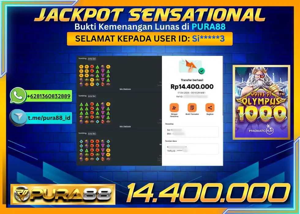 PURA88 JACKPOT SENSATIONAL GATES OF OLYMPUS 1000 Rp 14.400.000,- LUNAS