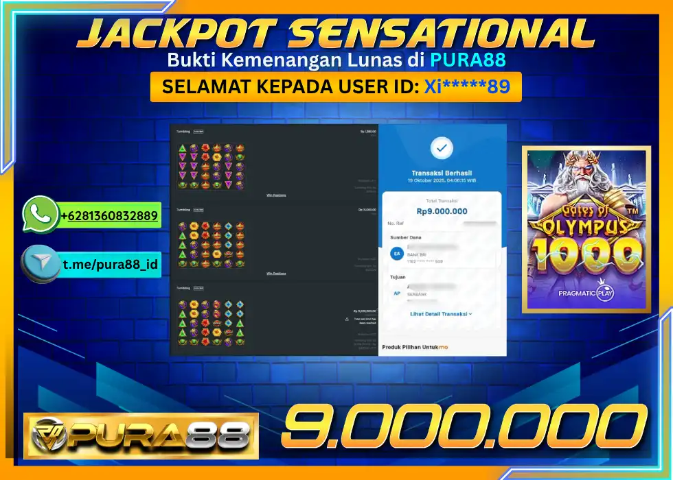 PURA88 JACKPOT SENSATIONAL GATES OF OLYMPUS 1000 Rp 9.000.000,- LUNAS