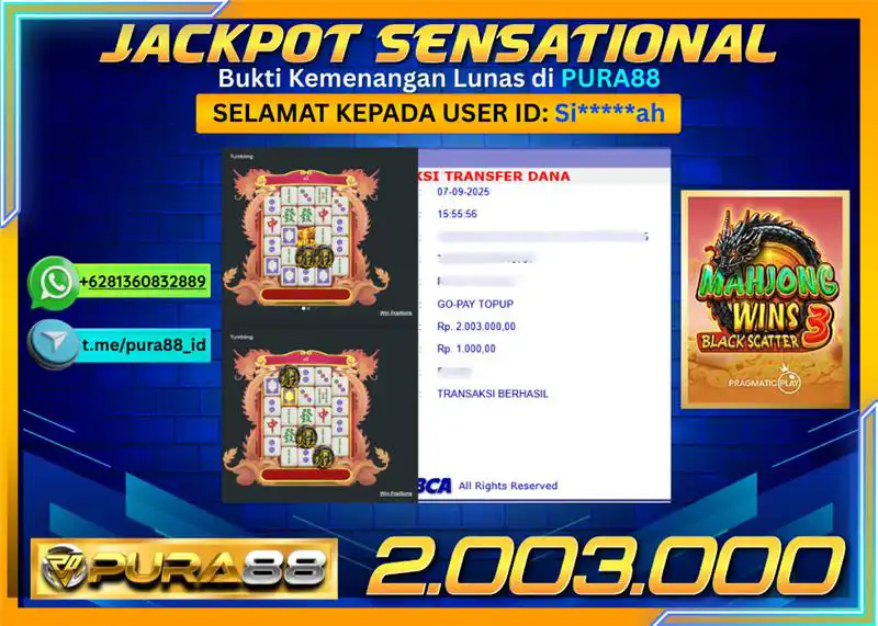 PURA88 JACKPOT SENSATIONAL MAHJONG WINS 3 - BLACK SCATTER Rp 2.003.000,- LUNAS