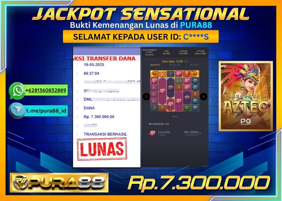 PURA88 JACKPOT SENSATIONAL TREASURES OF AZTEC Rp7.300.000,- LUNAS